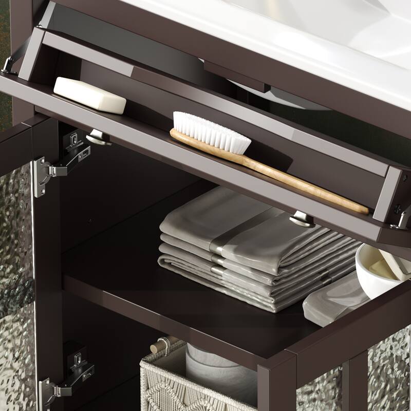 30" Storage Cabinet with Glass Doors, Bathroom Vanity with Ceramic Sink, Adjustable Shelf, Tip-Out Tray and Silver Metal Knobs