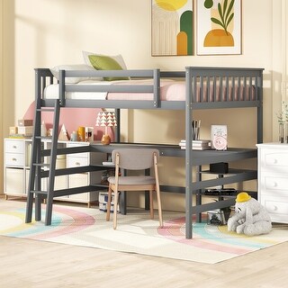 Full Size Wooden Loft Bed with Desk and Shelves and High Guardrail,Solid Pine Wood Frame