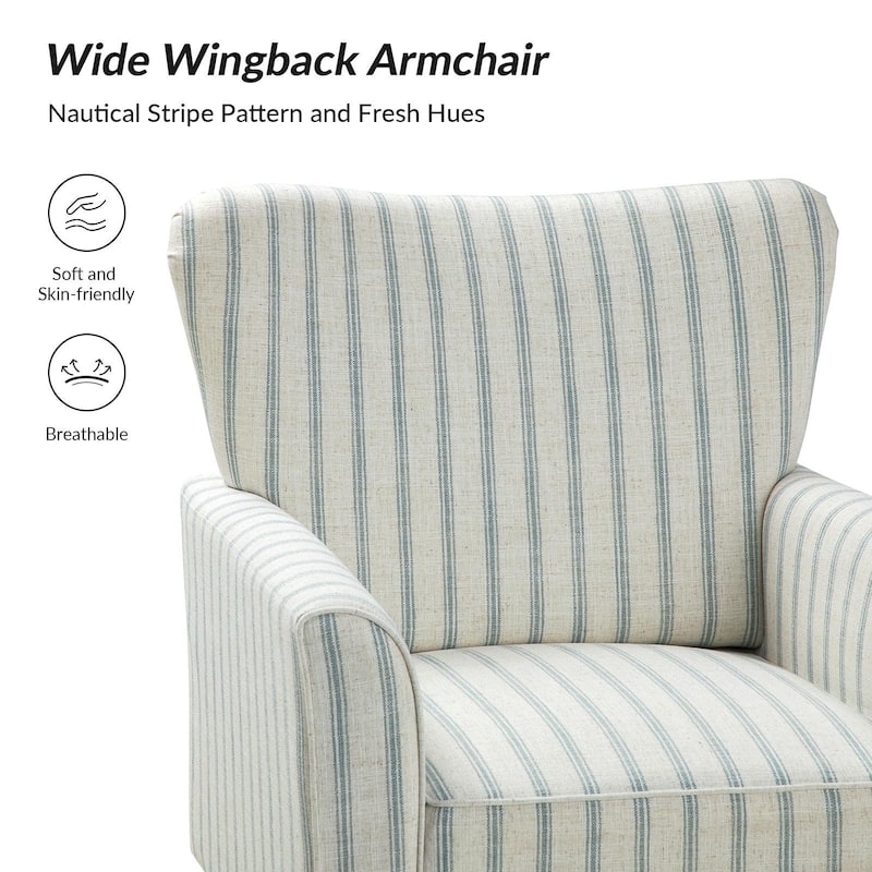Warren Farmhouse Striped Wingback Chair with Solid Wood Legs by HULALA HOME - BLUE