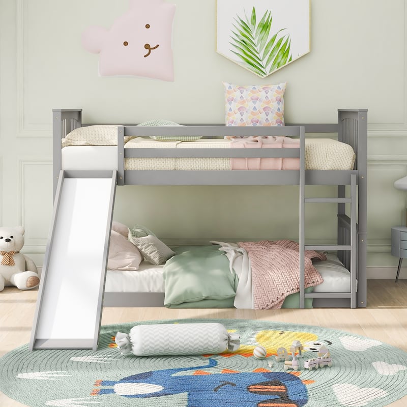 Gray Twin over Twin Size Solid Wood Bunk Bed with Ladder, Slide and Fence for Kids, Bedroom