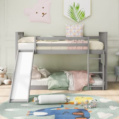 Wood Bunk Bed with Slide and Ladder, Solid Wood Bedframe with Safety Guardrail, Twin Over Twin Size, No Box Spring Needed