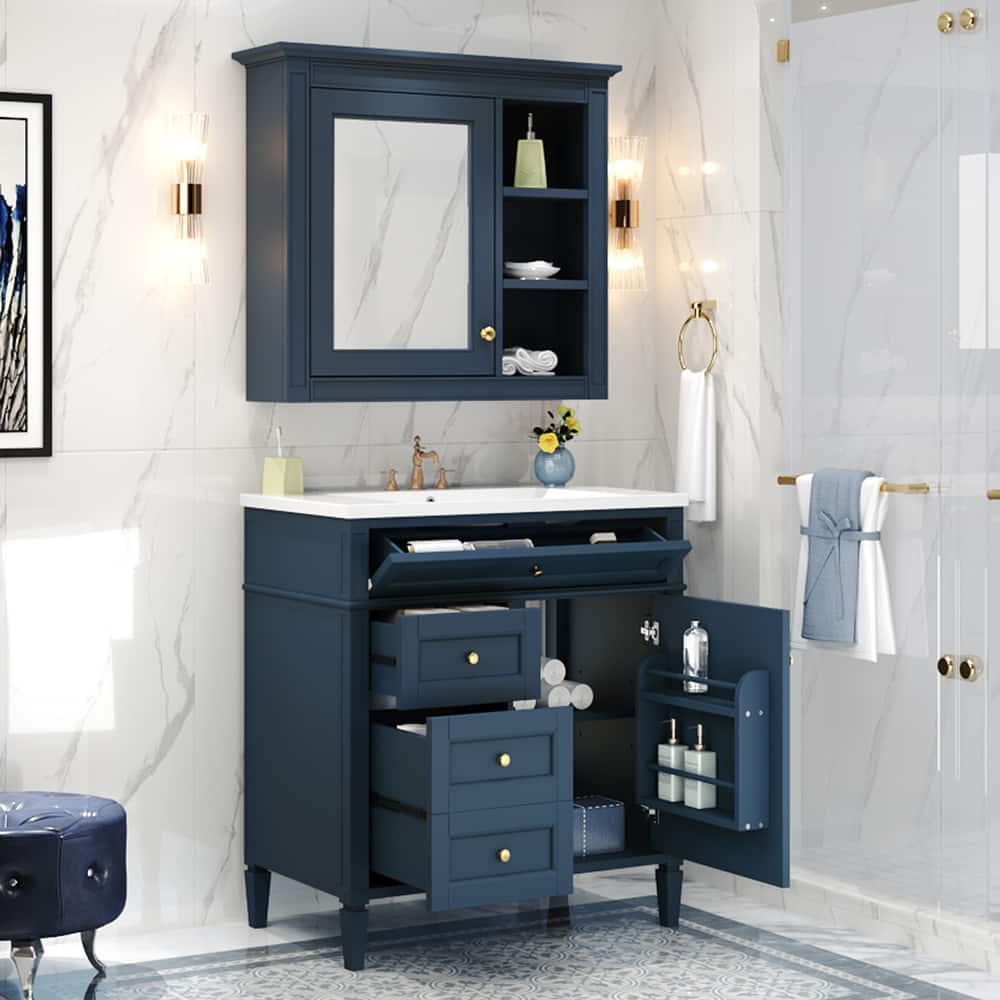 GDFStudio - Ravensden Modern Freestanding Bathroom Vanity Set with Ceramic Sink and Mirror Cabinet with a Tip-out Drawer - 30'W