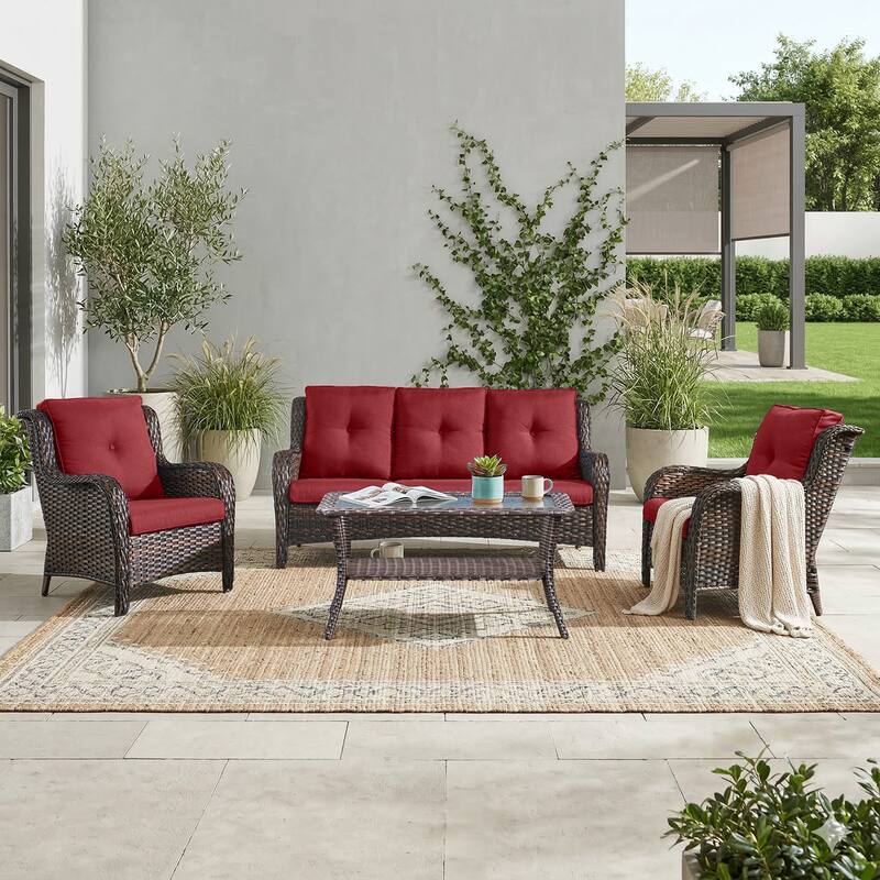 Pocassy Outdoor Patio Wciker Sofa Furniture Set of Chair Table. - Brown Wicker with Red Cushion - 4-Piece Patio Sofa Wicker Chair w/ Coffee Table