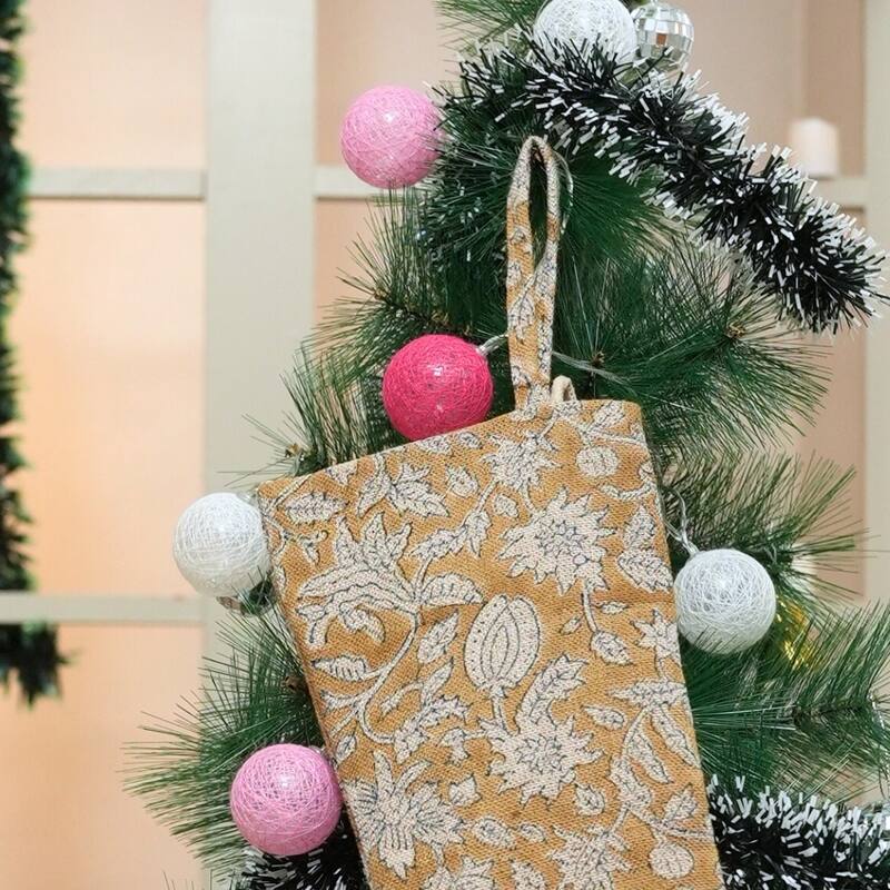 Fabdivine Linen or Cotton Hand Block Home Decorative Christmas Stockings - 16"X6.5"