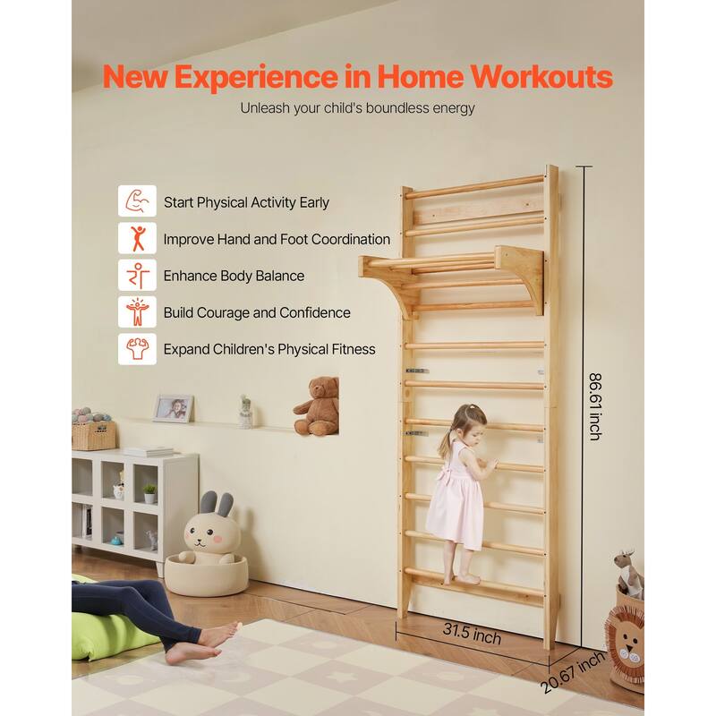 Beige Pine Wood Swedish Wall Ladder Indoor Playground Gym for Kids and Adults with 10 Level Climbing Bars 220 lbs Capacity
