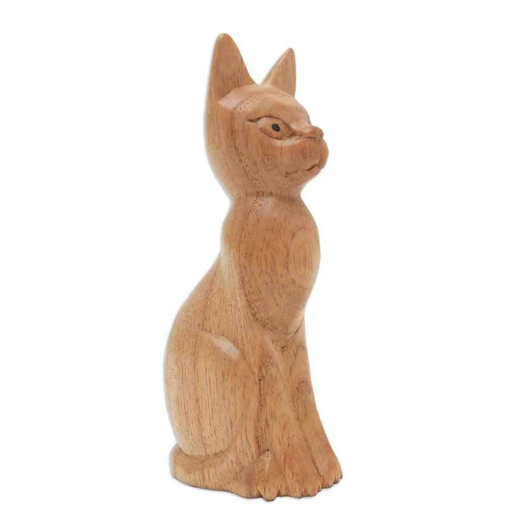 Novica Handmade Cunning Cat Wood Sculpture