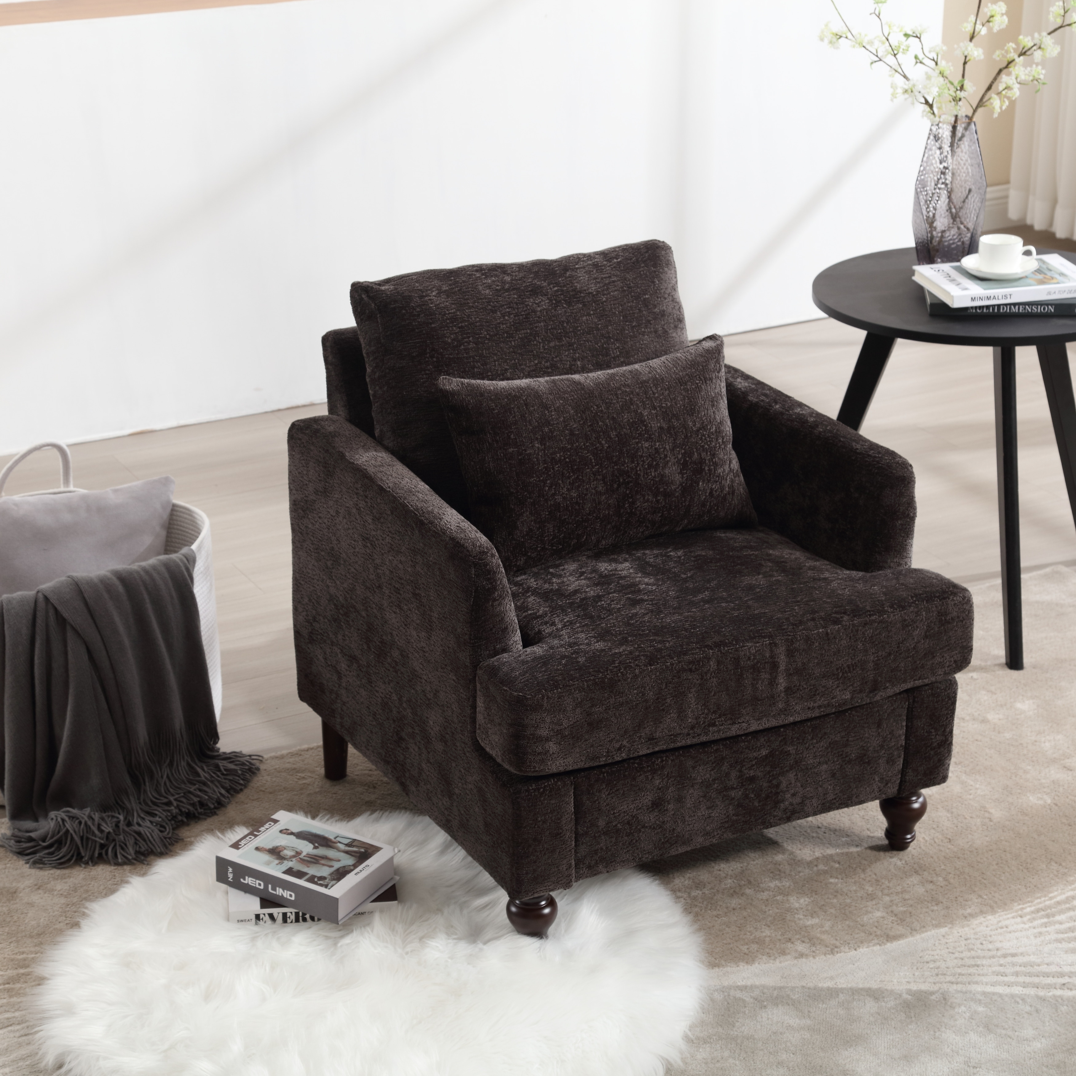 Chenille Fabric Accent Chair, Tufted Upholstered Living Room Chair, Lounge Armchair with Solid Wood Frame & Pillows