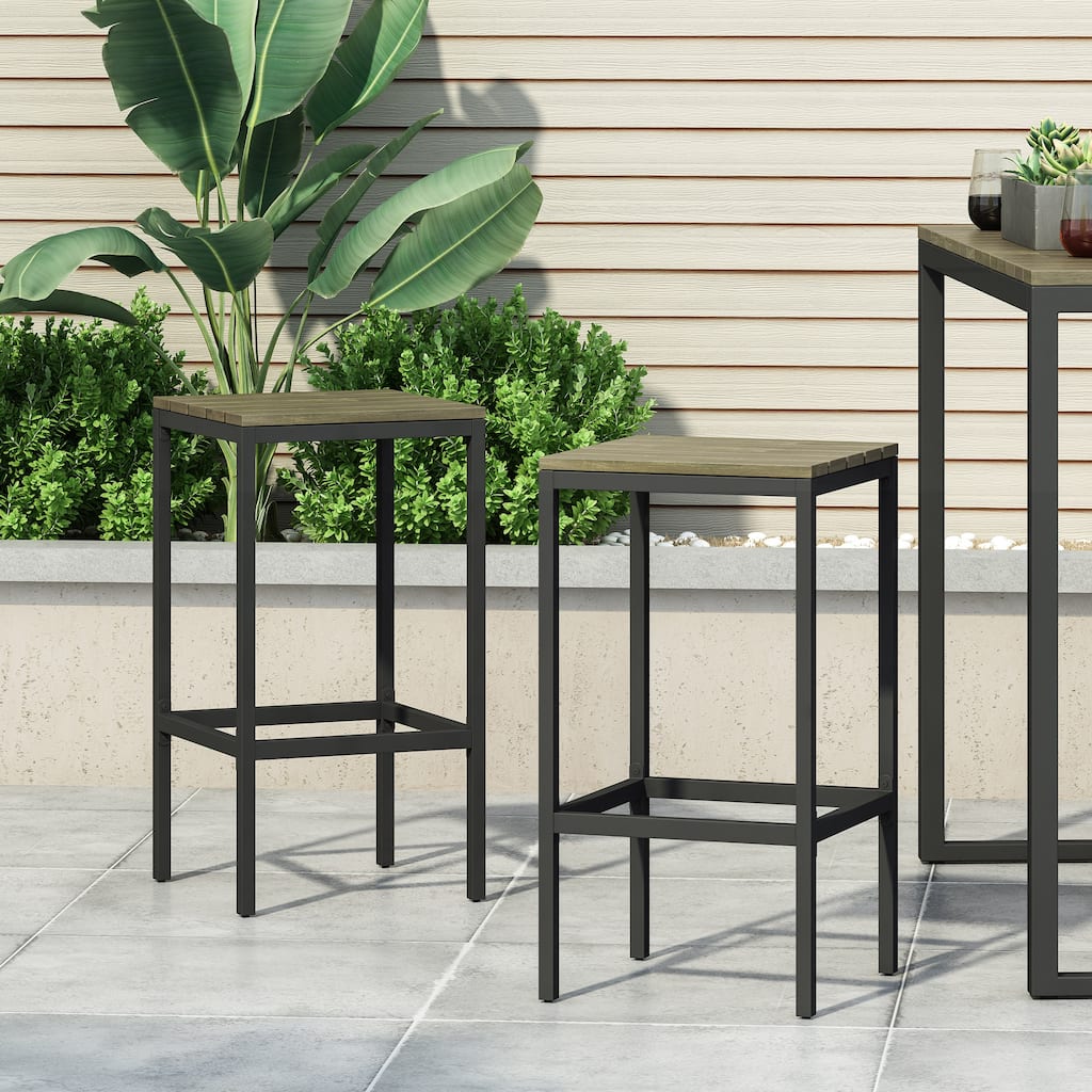 Roomfitters 2-Piece Outdoor Metal Bar Stools, Industrial Patio Backless Counter Height Chairs with Wood Slat Top, Black+Grey