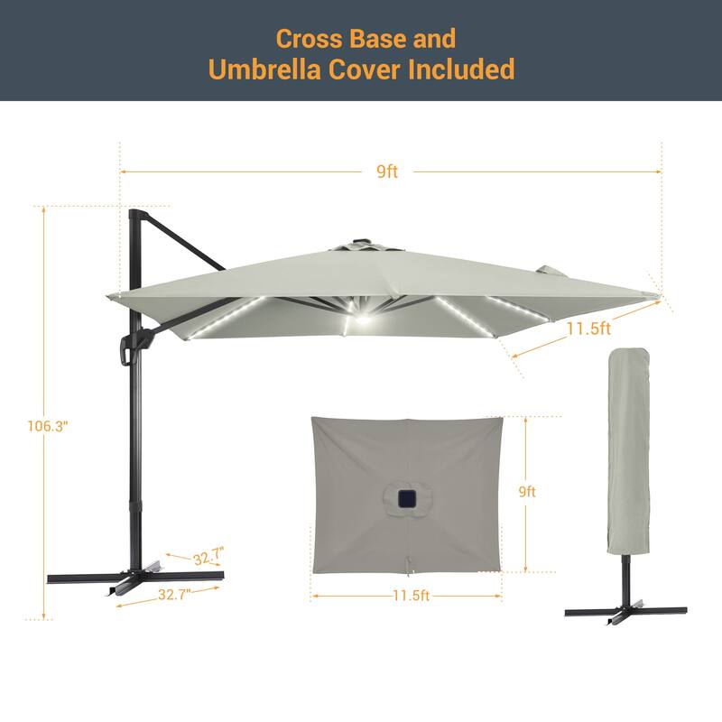 LIVOOSUN 11.5x9ft LED Cantilever Patio Umbrella with Cross Base
