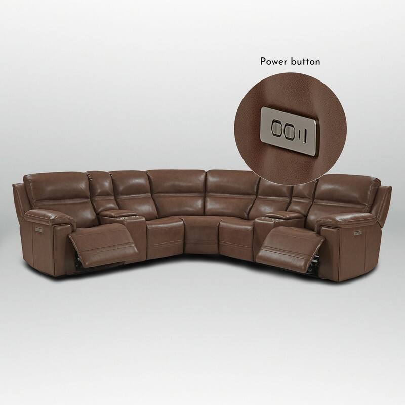 121" W Premium Genuine Leather Dual-Power Sectional Sofa with Console, Zero Gravity, Adjustable Headrest