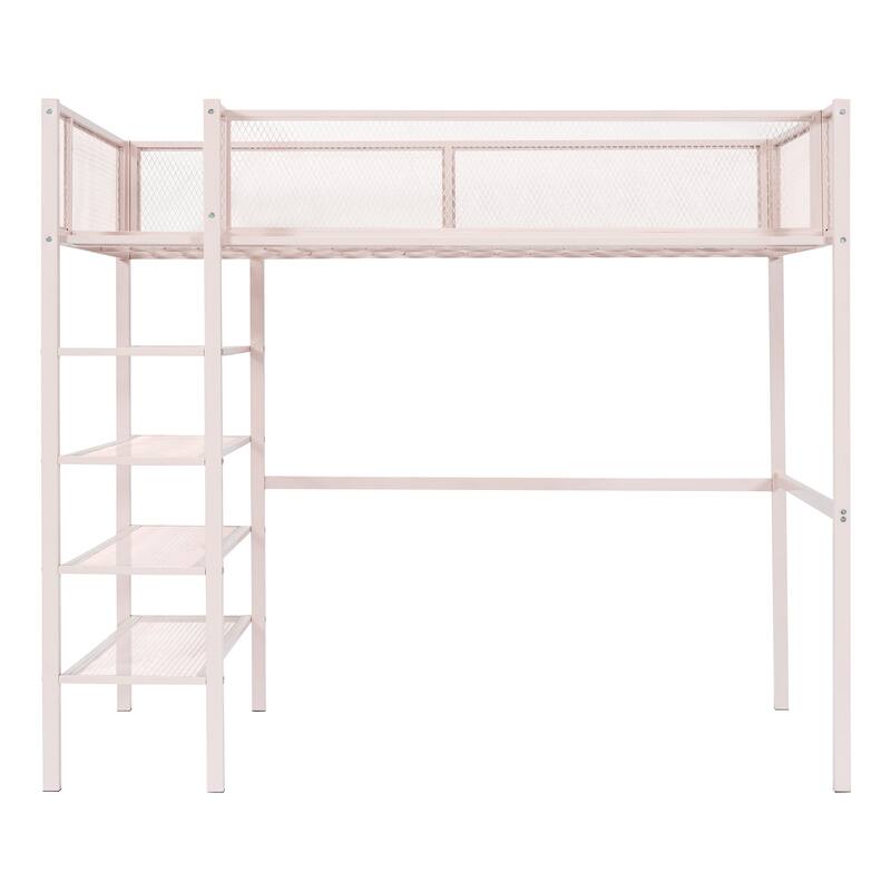 Twin/Full Metal Loft Bed with Built-in Desk, Shelves, and Storage, Modern Design