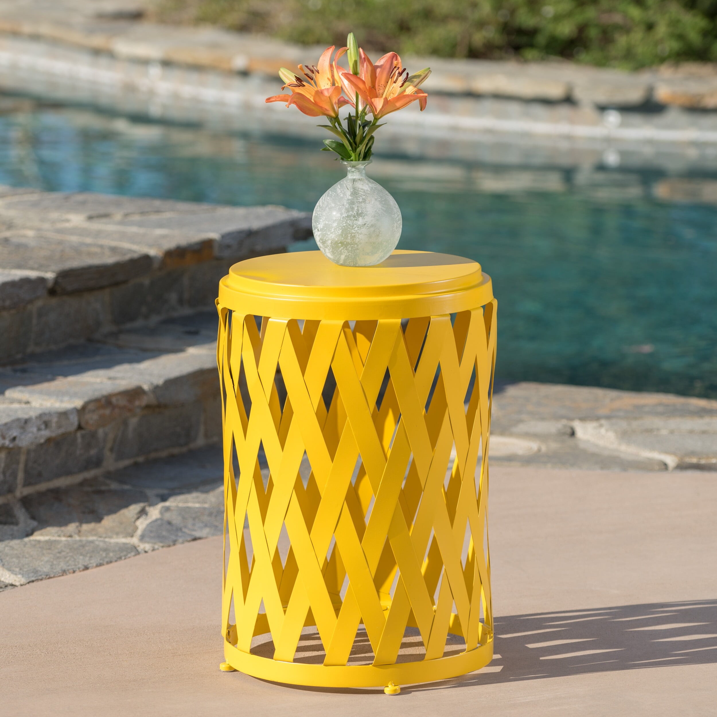 Aubriella Outdoor 14 Inch Diameter Iron Side Table, Matte Yellow Aubriella Outdoor 14 Inch Diameter Iron Side Table, Matte Yellow