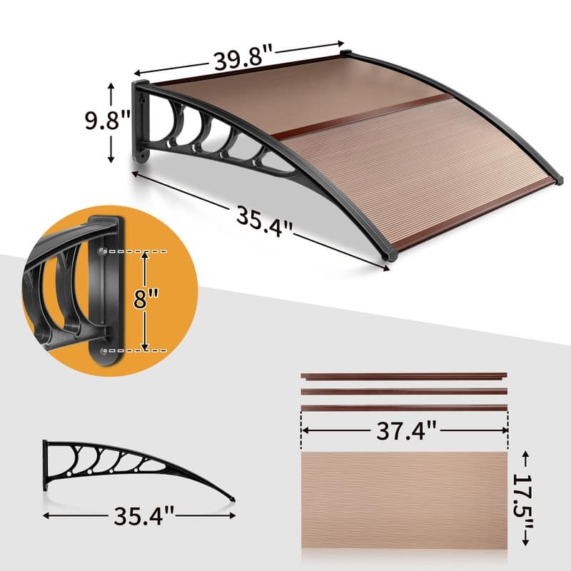 Patio Door Window Awning Canopy, Front Door Outdoor Patio Awning Canopy (40 x 35.4, Brown Canopy Black Bracket)