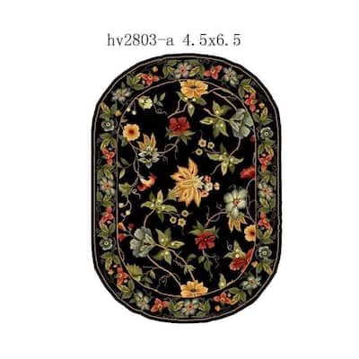 Luxury Black Oval Floral Rug - Wool Living Room Area Rug - 5x7 Country Home Decor - 72 x 54