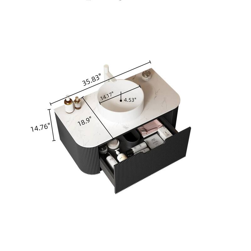 36" Bathroom Vanity with Sink, Modern Wall-Mounted Floating Curved Edges Striped Bathroom Storage Cabinet with a Drawer