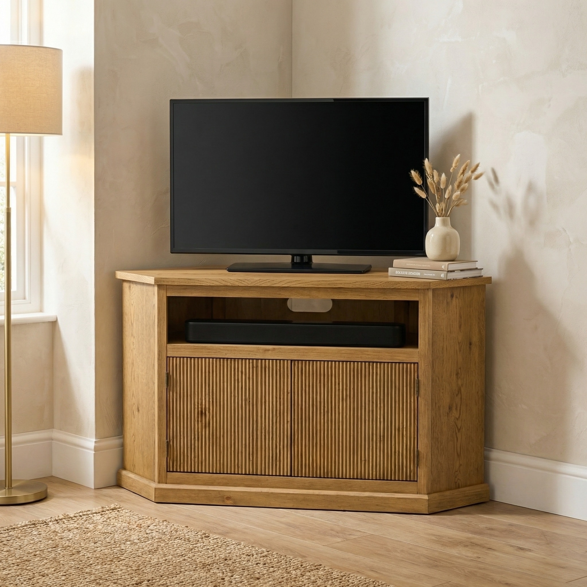 Oak Grove Corner TV Stand Fits TVs up to 55-Inches with Shelf and Cabinet