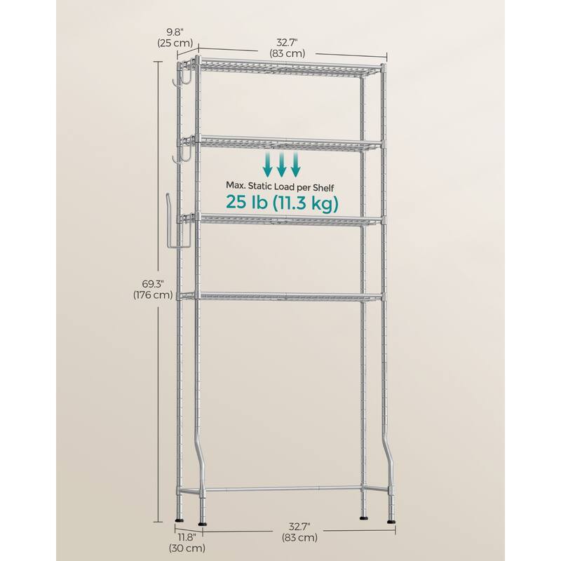4-Tier Freestanding Metal Over-the-Toilet Storage Rack with 4 Adjustable Shelves and 4 Convenient Hoooks