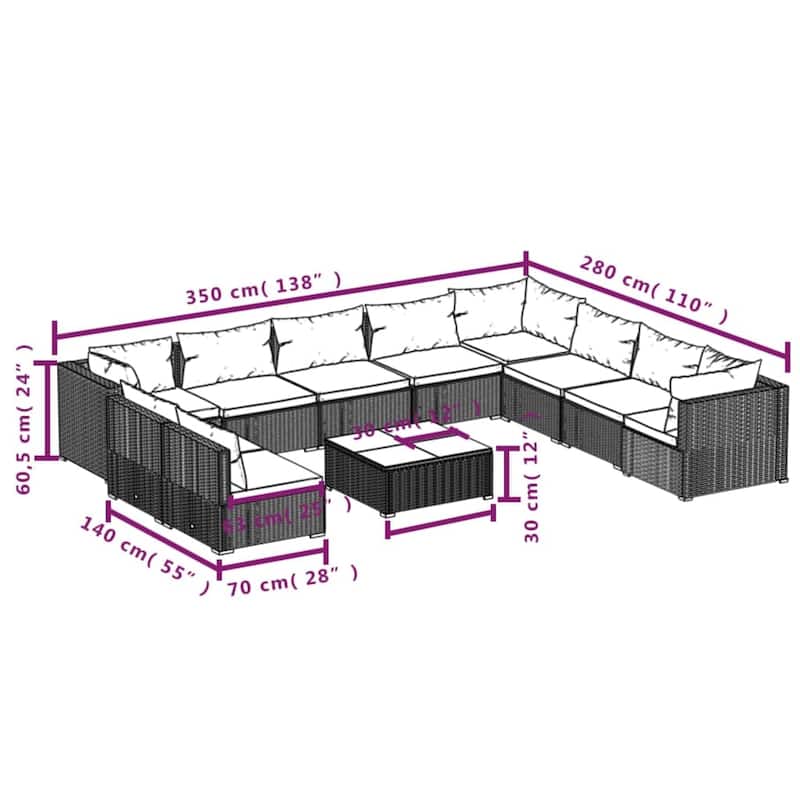 vidaXL Patio Lounge Set Outdoor Sectional Sofa Set Table Garden Poly Rattan - 27.6" x 27.6" x 23.8"