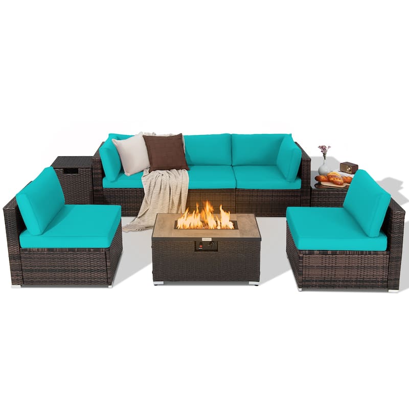 8PCS Patio Rattan Furniture Set Fire Pit Table Tank Holder Cover Deck - Brown+Turquoise