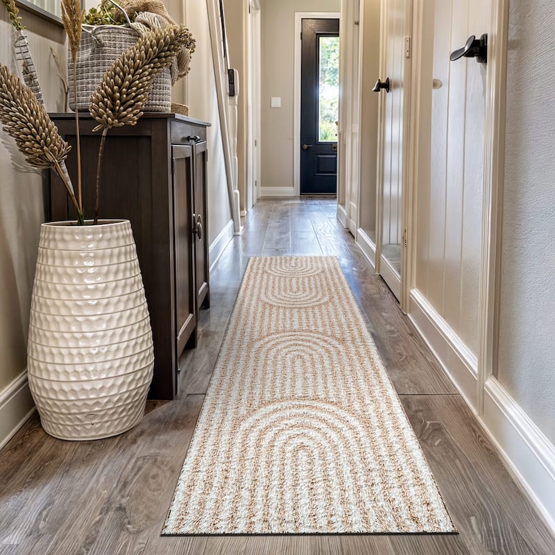 Abstract Arch Shag Rug - Medium Pile, Durable & Easy to Clean - Anthracite Dark Gray - Beige - 2' 3" x 12'