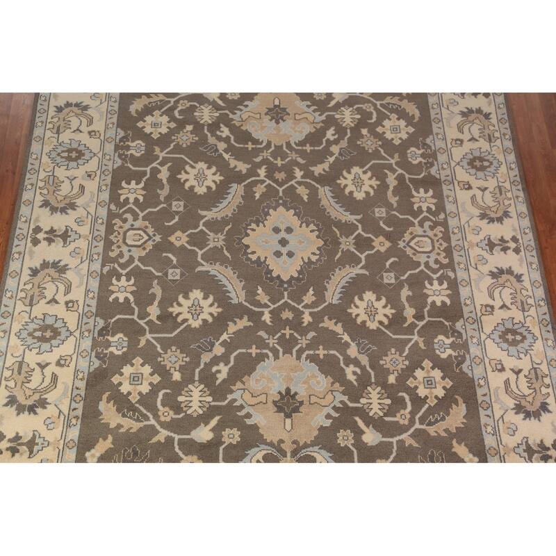 Brown Floral Oushak Indian Area Rug Hand-Knotted Wool Carpet - 9'0"x 11'10"
