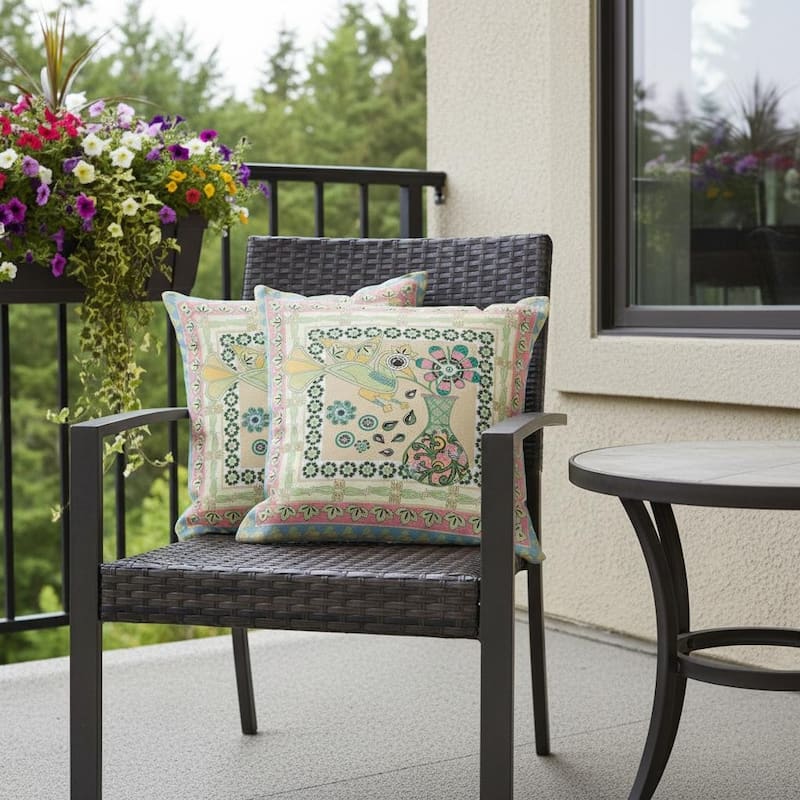 HomeRoots Set of Two 16" X 16" Beige and Pink Peacock Blown Seam Floral Indoor Outdoor Throw Pillow - 16.00' X '16.00' X '5.00 - Beige/Pink - 16.00' X '16.00' X '5.00