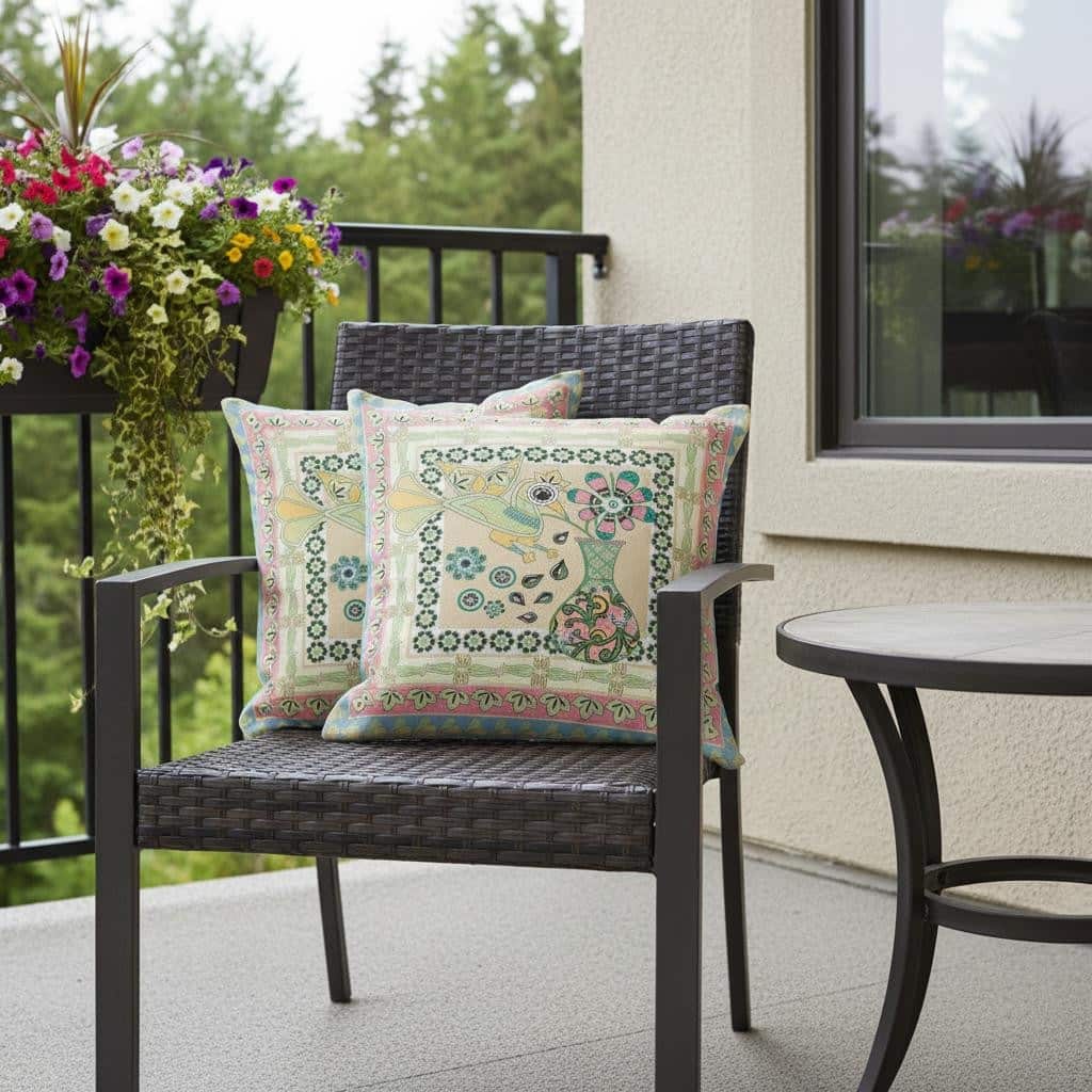 HomeRoots Set of Two 16" X 16" Beige and Pink Peacock Blown Seam Floral Indoor Outdoor Throw Pillow - 16.00' X '16.00' X '5.00