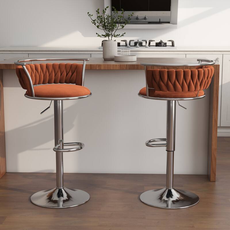 Modern Velvet Adjustable Swivel Bar Stools Set of 2 - Orange-Silver
