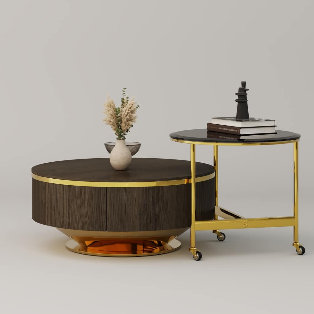 Nesting Coffee Table Set with End Table Round Coffee Table with 2 Storage Drawers