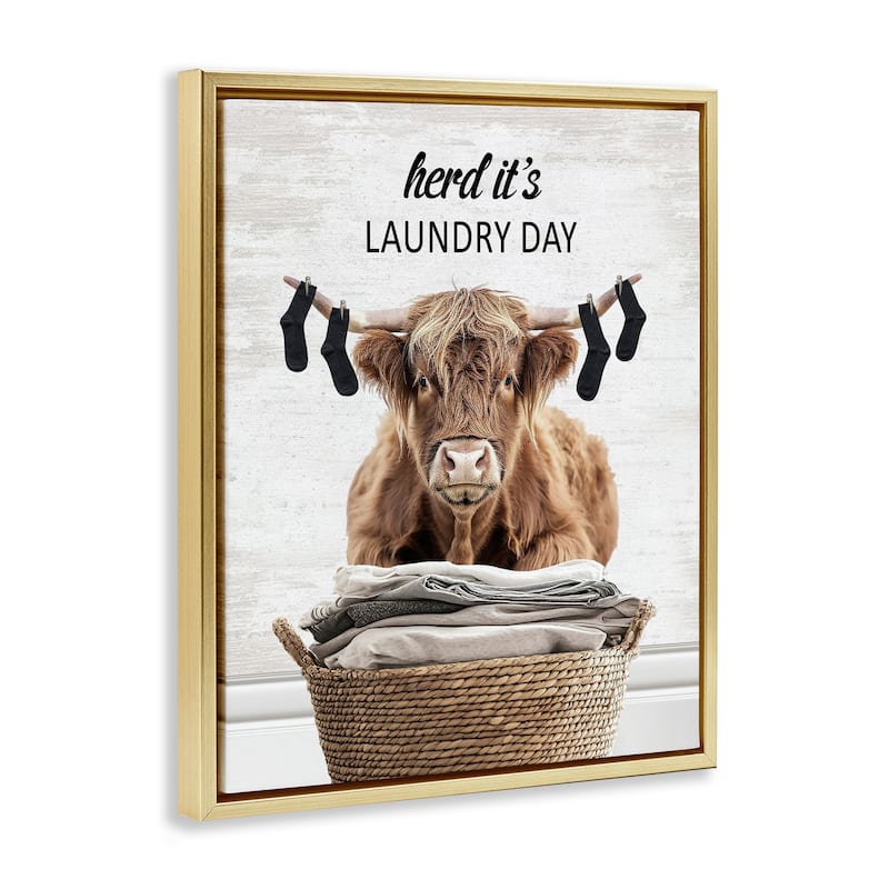 Stupell Laundry Cattle with Hanging Socks Framed Floater Canvas Wall Art Design By Lettered and Lined