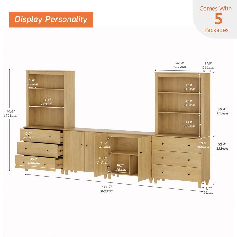 WAMPAT Modern Entertainment Center with Bookshelves for 75" TVs