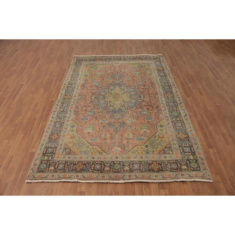 Hand Knotted Oriental 100% Wool Carpet Traditional Floral Peach Tabriz Area Rug - 9' 6'' X 6' 6''