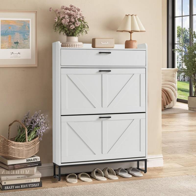 EROMMY Farmhouse Freestanding Shoe Cabinet with 2 Flip Drawers, Large Entryway Storage with Adjustable Shelves and Side Hooks - White