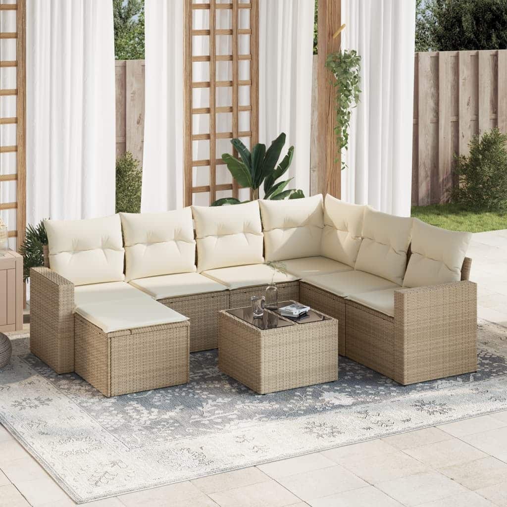vidaXL Garden Sofa Set Beige PE Rattan, Powder-Coated Steel, Tempered Glass - 21.7 x 21.7 x 14.6