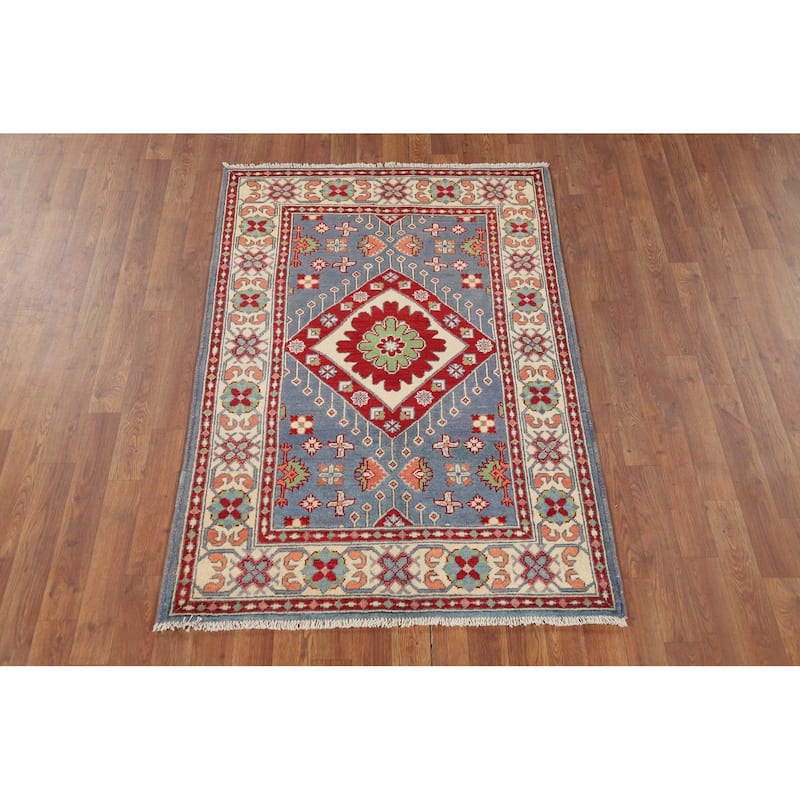 Geometric Blue Kazak Oriental Foyer Rug Hand-Knotted Wool Carpet - 3'4" x 4'11"