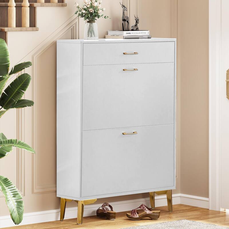 Freestanding Shoe Cabinet for Entryway, with 2 Flip Doors and Drawer - 32'W x 10''D x 43''H