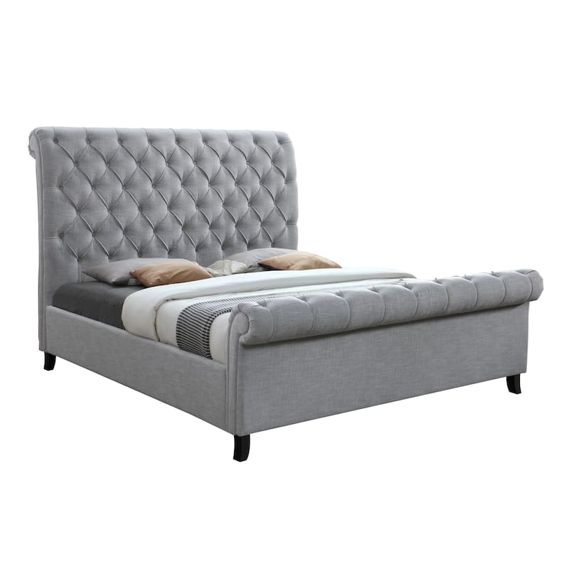 Magnolia Queen Size Bed, Tufted Upholstered Rolled Top Headboard, Gray