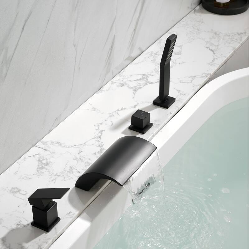 Deck Mounted Four Holes Tub Faucet Waterfall Modern Bath Tub Faucet with Handheld Shower Tub Fillers with Pressure Balance Valve