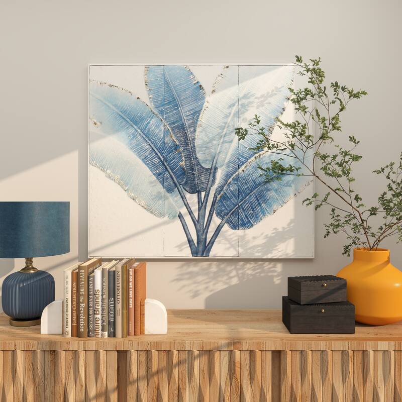Blue Metal Leaf Palm Tree Home Wall Decor with Gold Foil Accents and White Speckled Details