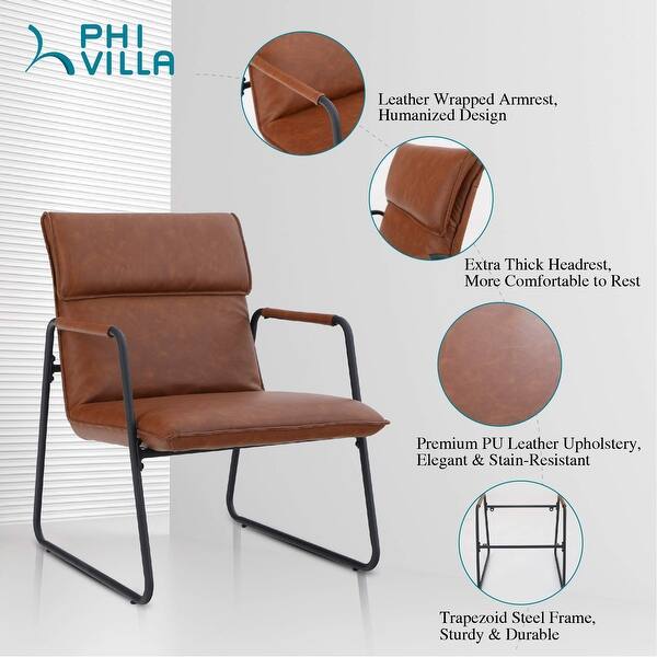 Phi Villa Thick Padded Leather Accent Chair Oversized Mid Century Modern Metal Frame Arm Chair Brown Overstock 32321776