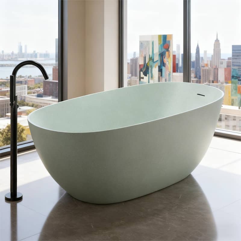 Luxury Solid Surface Freestanding Soaking Bathtub with Center Drain and Pop-up Drain, Modern Beige Tub with Overflow