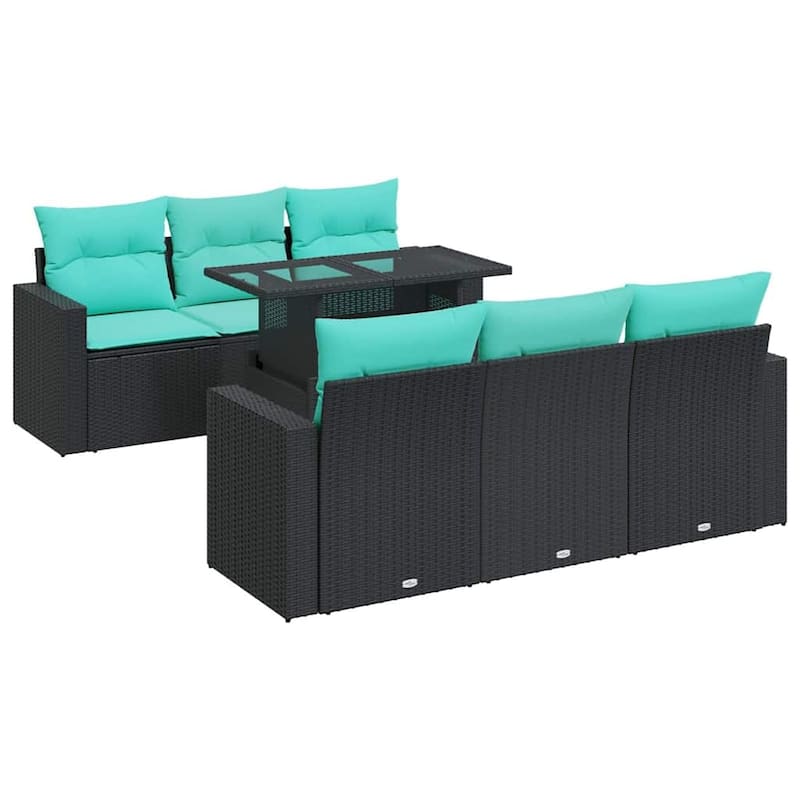vidaXL 7 Piece Patio Sofa Set with Cushions Black Poly Rattan Acacia - 21.7 x 24.4 x 27.2