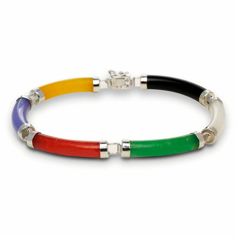 Sterling Silver Jade/Onyx/Mother of Pearl Tube Segment Bracelet (5mm wide x 7.5" long)