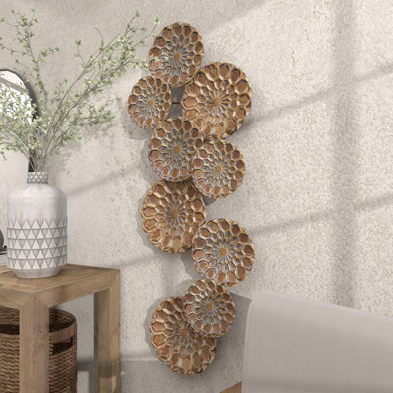 Gold Metal Embossed Floral Plate Home Wall Decor with Teal Accents