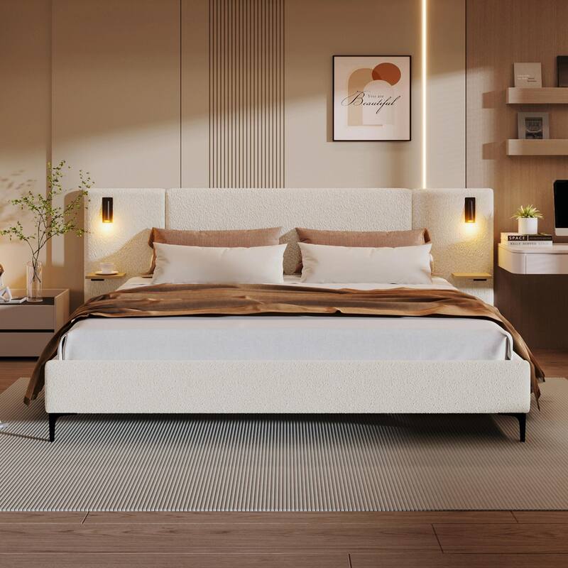 Chic Bouclé Upholstered Bed with Integrated Lighting and Shelves