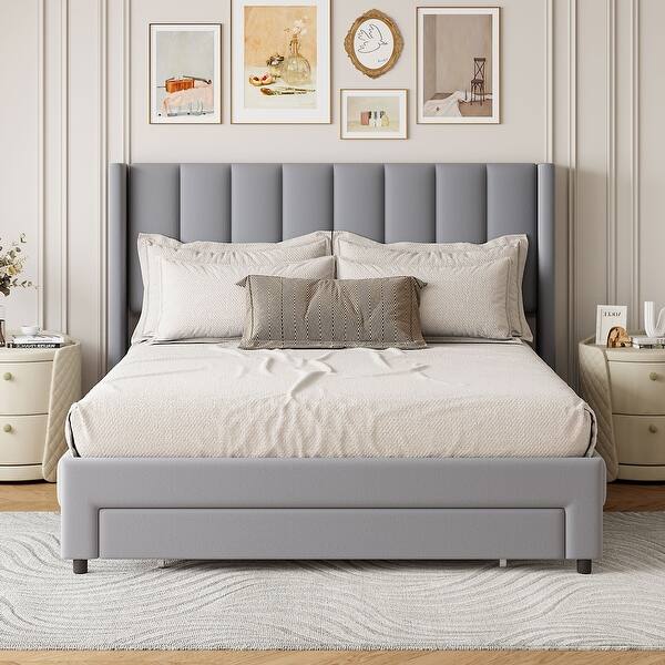 slide 2 of 18, Full Size Storage Bed Velvet Upholstered Platform Bed with a Big Drawer High quality bed Grey