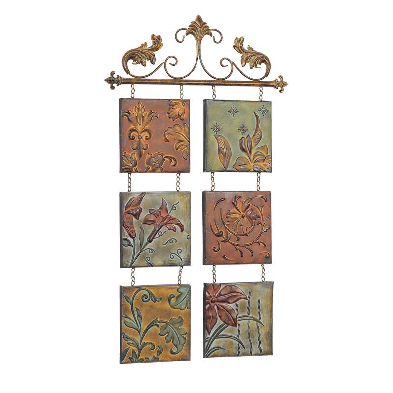 Multi Colored Metal Embossed Floral Home Wall Decor with 6 Suspended Panels and Scroll Details