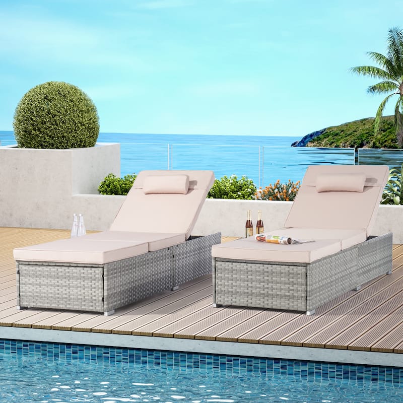 Set of 2 Outdoor Rattan Chaise Lounge with Adjustable Backrest - Beige