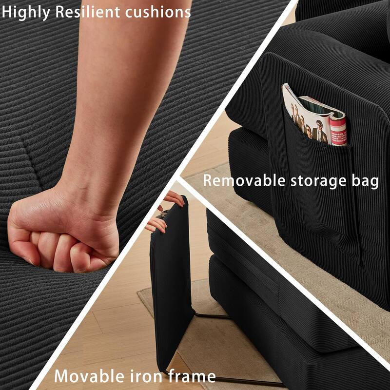 107" L-Shaped 6-in-1 Corduroy Modular Sectional Sofa, Convertible Out Sofa Bed, 4-Seat, Black