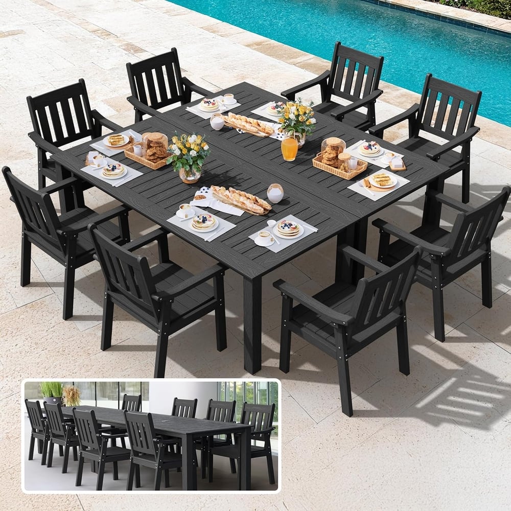 WINSOON 10-Piece HIPS All Weather Outdoor Patio Dining Sets with Umbrella Hole& Aluminum Frame,2-Table 8-Chairs